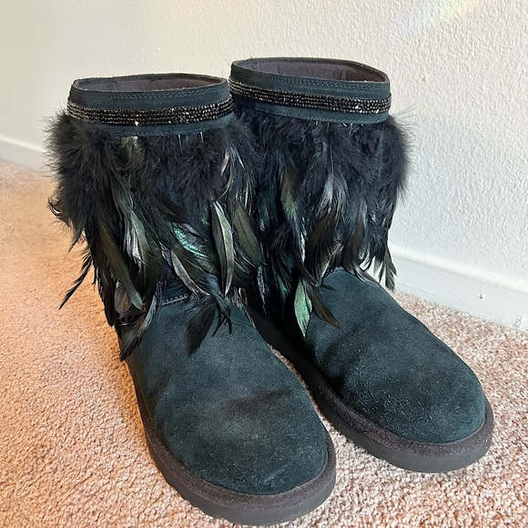 Black Ugg Boots with Feathers and Crystal Trim, Size 9 - Picture 4 of 4